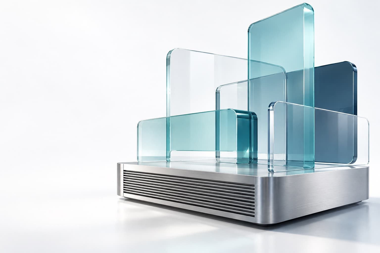Translucent glass panels rising from a silver computing module.